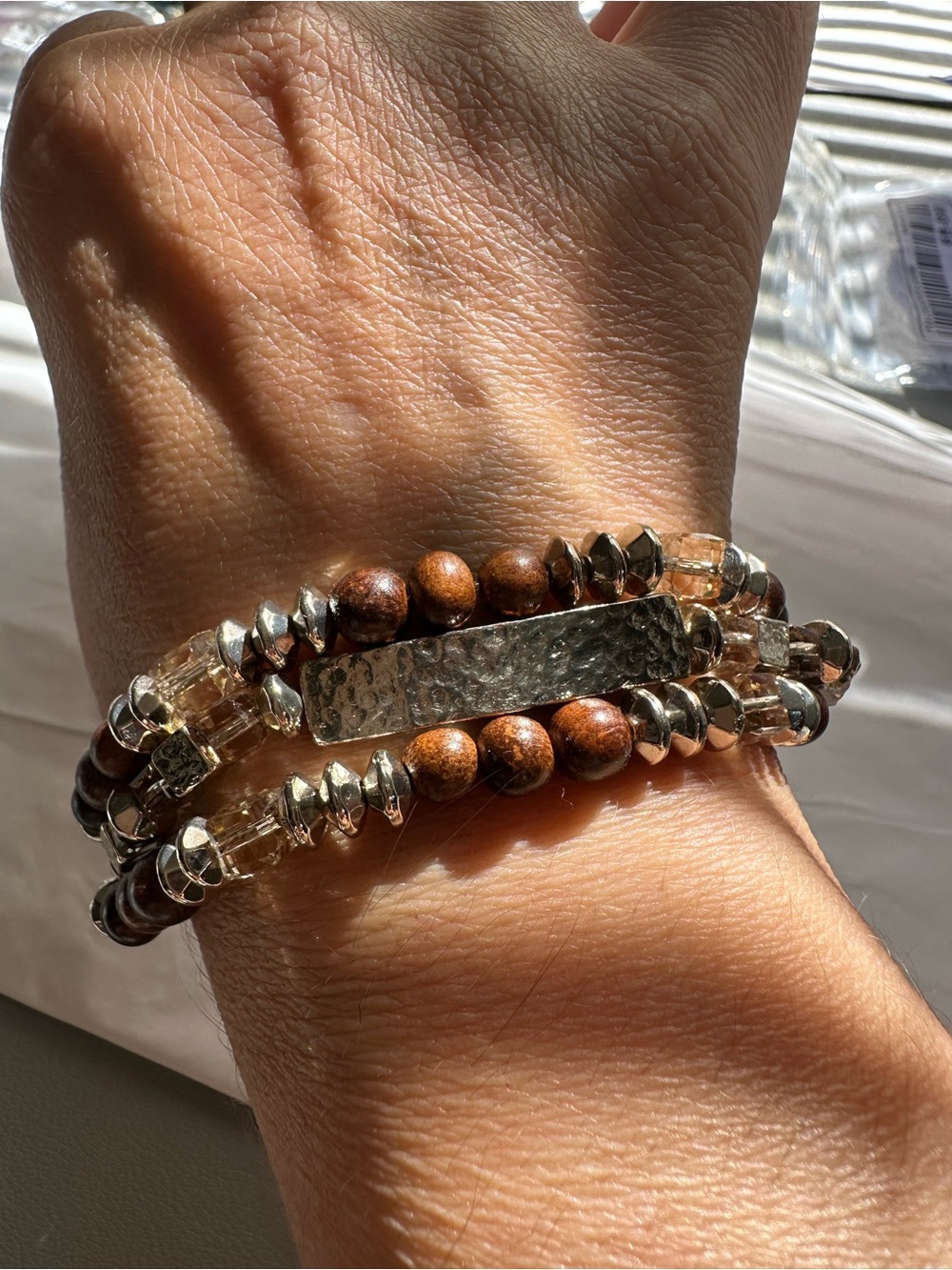 Hammered Gold Tone Bar & Brown Wood Bead Wrap Adjustable Bracelet